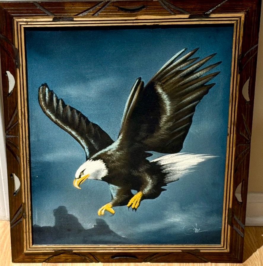 Framed Flying Bald Eagle Black Velvet Painting - Jose-David Orti - photo 3