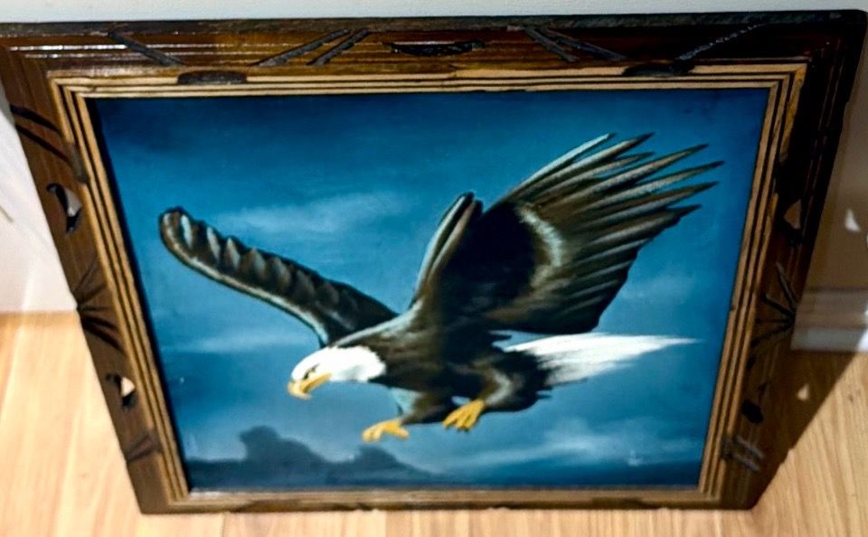 Framed Flying Bald Eagle Black Velvet Painting - Jose-David Orti - photo 4