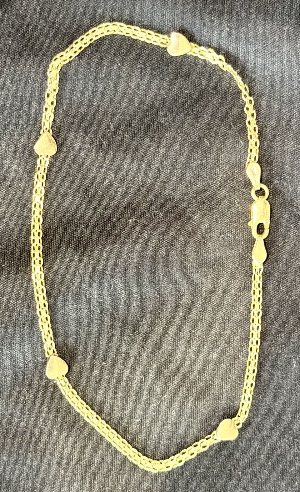 14K Yellow Gold Italy Ankle Bracelet 10” Heart Detail