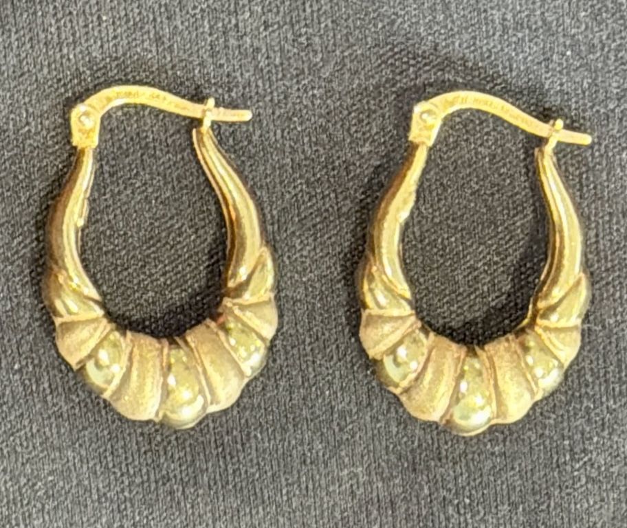 14K Yellow Gold Italy Earrings-Dangle Oval Hoop-Brushed & Polish - photo 2
