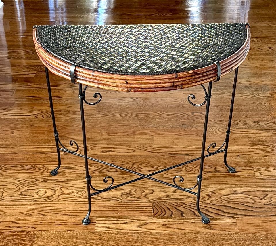 Vintage Demi-Lune Wicker & Iron Entry Table