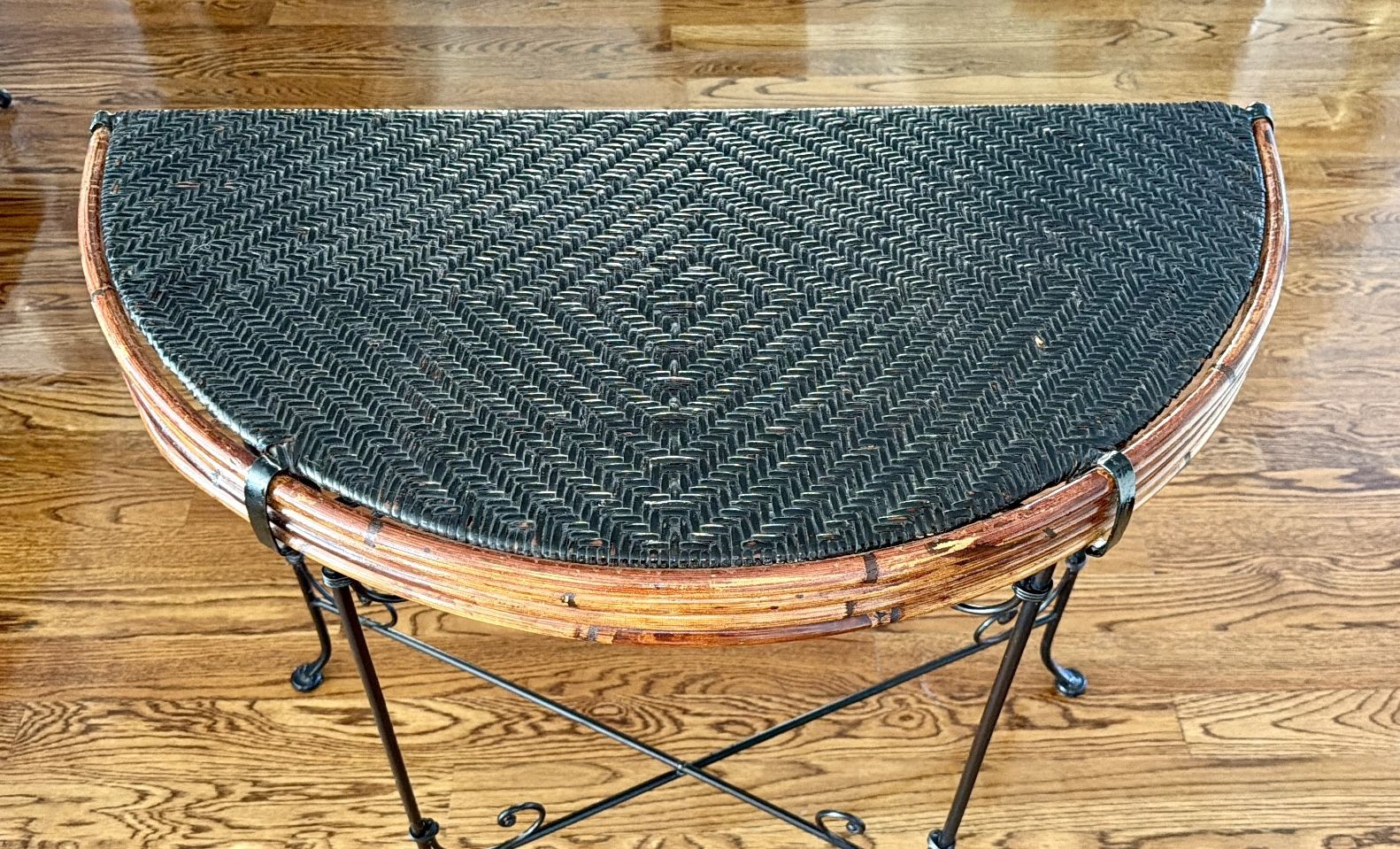 Vintage Demi-Lune Wicker & Iron Entry Table - photo 4