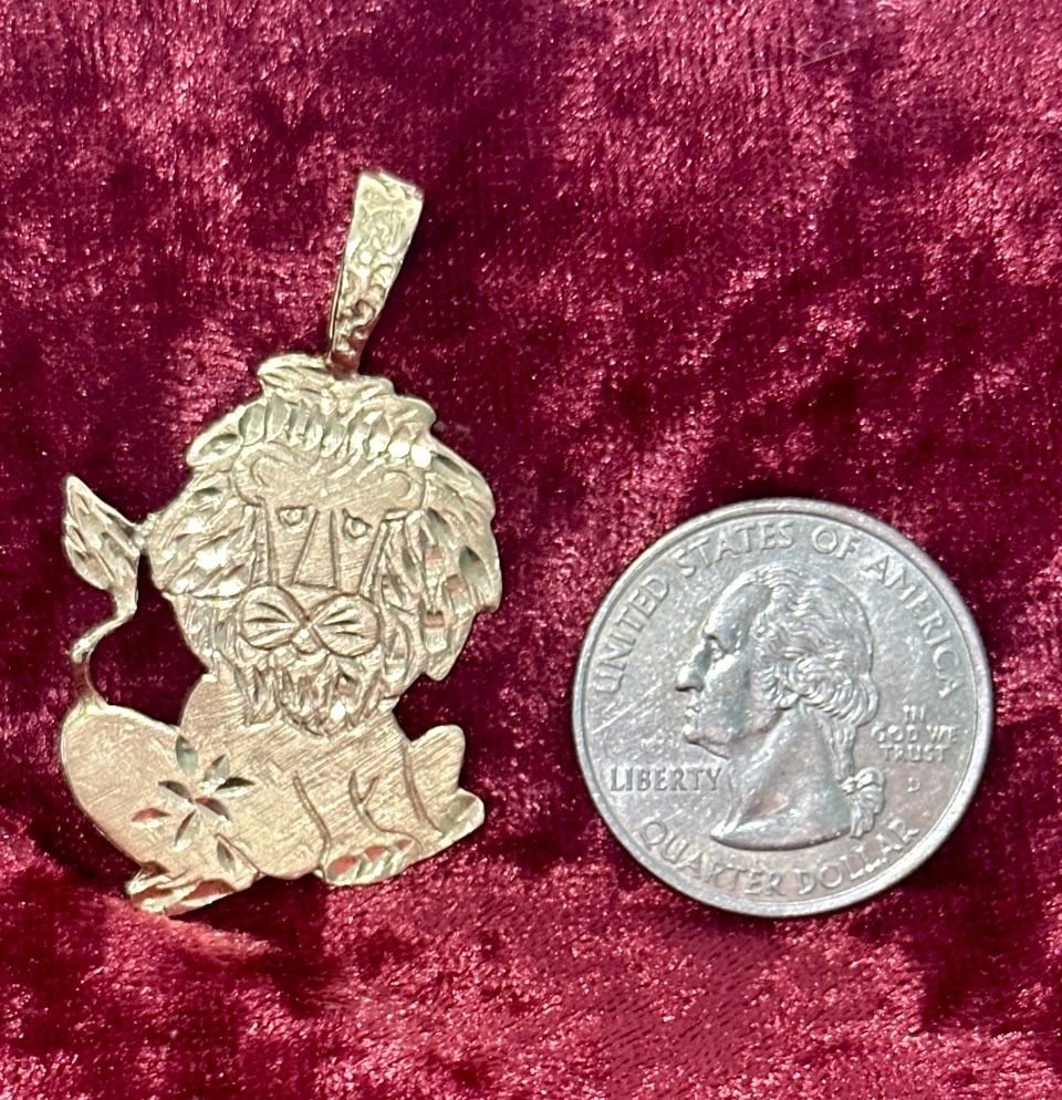 14K Solid Yellow Gold Lion Pendant - Diamond Cut - Large - photo 3