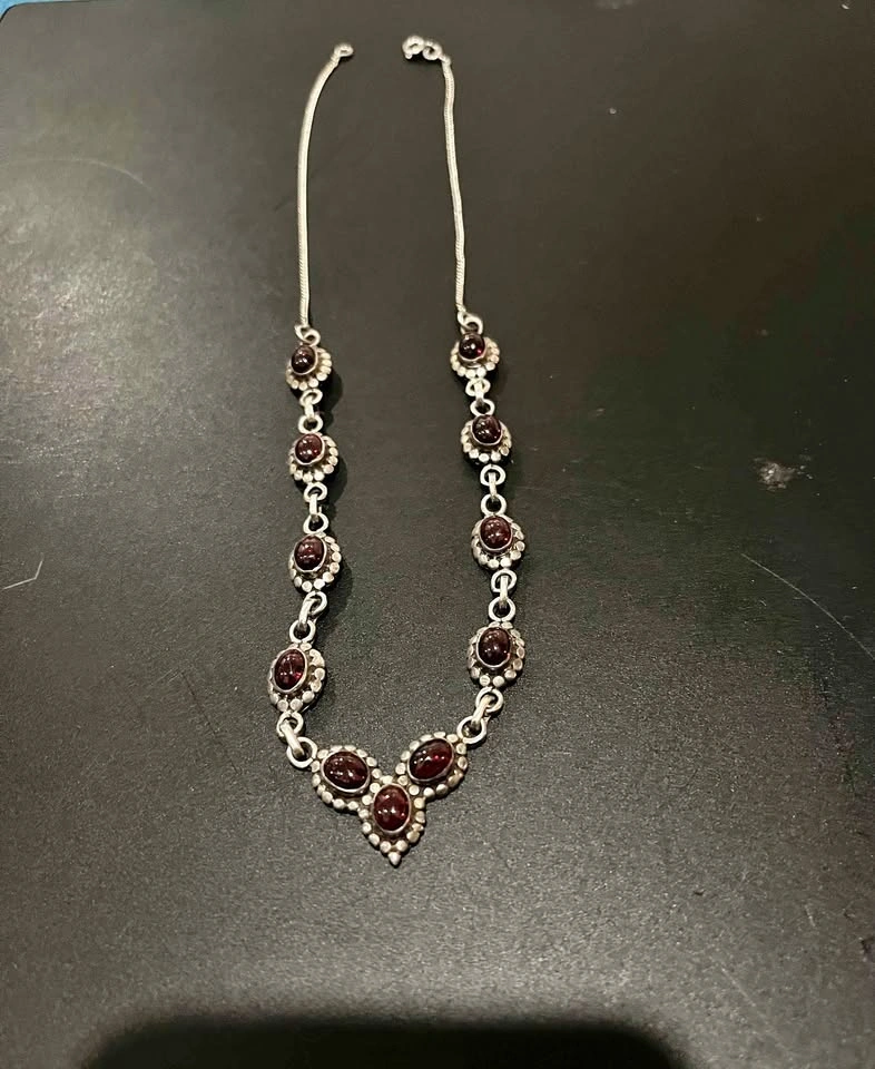 Oval Garnet Cabochons Sterling Silver Y-Necklace