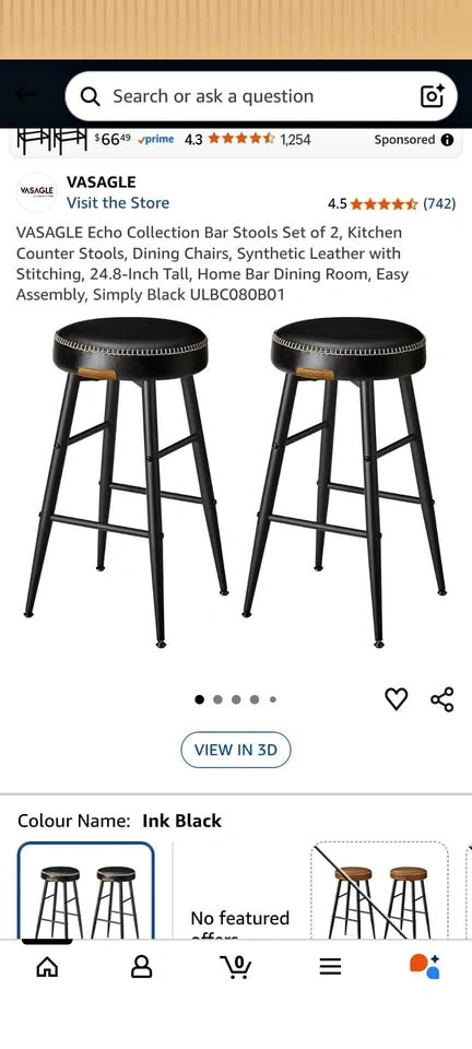 New VASAGLE Black Bar Stools Set of 2 - 24.8in Tall