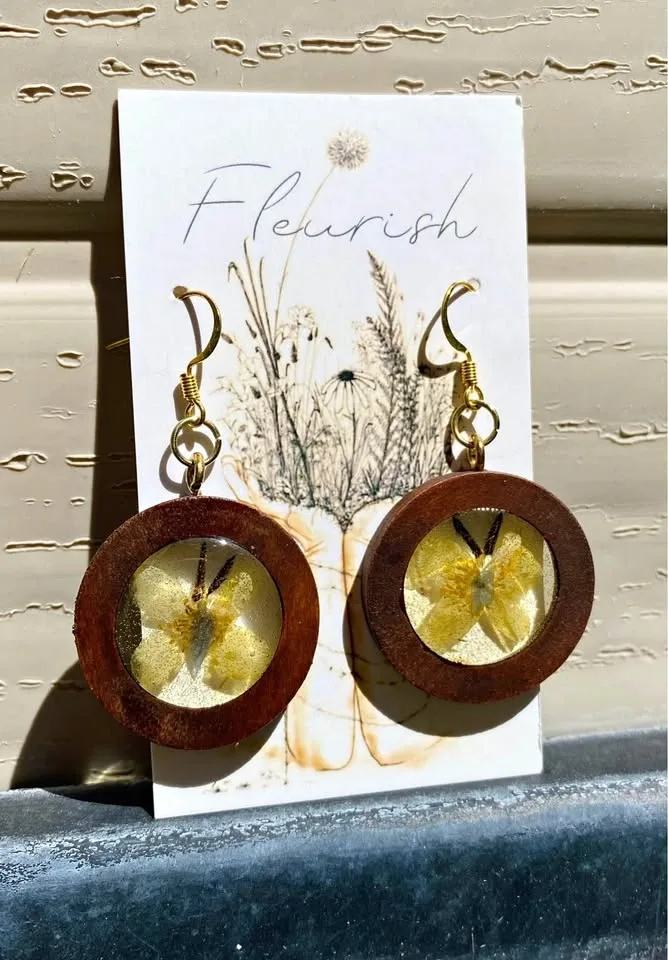 Wooden flower butterfly earrings