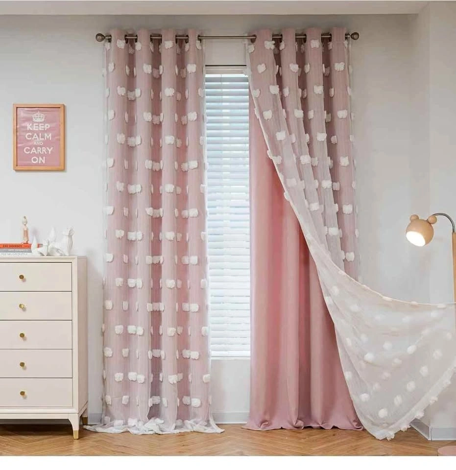 Pink Pom Pom Curtains (Double Layer, 52"x84") 2 Panels