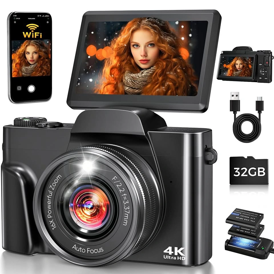 4K Digital Camera with WiFi, 64MP Autofocus, Flip Screen