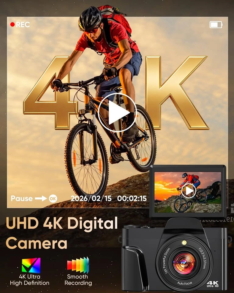 4K Digital Camera with WiFi, 64MP Autofocus, Flip Screen - photo 3