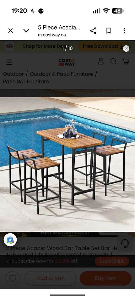 5-Pc Acacia Wood Bar Set + Umbrella & Cover (Assembled!)