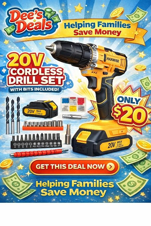 20V Power Cordless Drill Set With Accessories