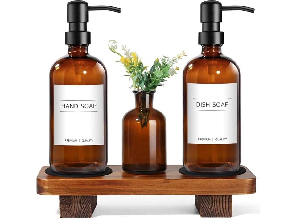 2-Pack Amber Glass Soap Dispenser Set w/ Wood Riser - photo 2