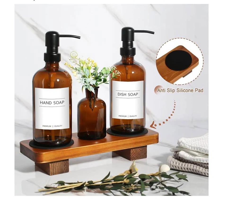 2-Pack Amber Glass Soap Dispenser Set w/ Wood Riser - photo 3