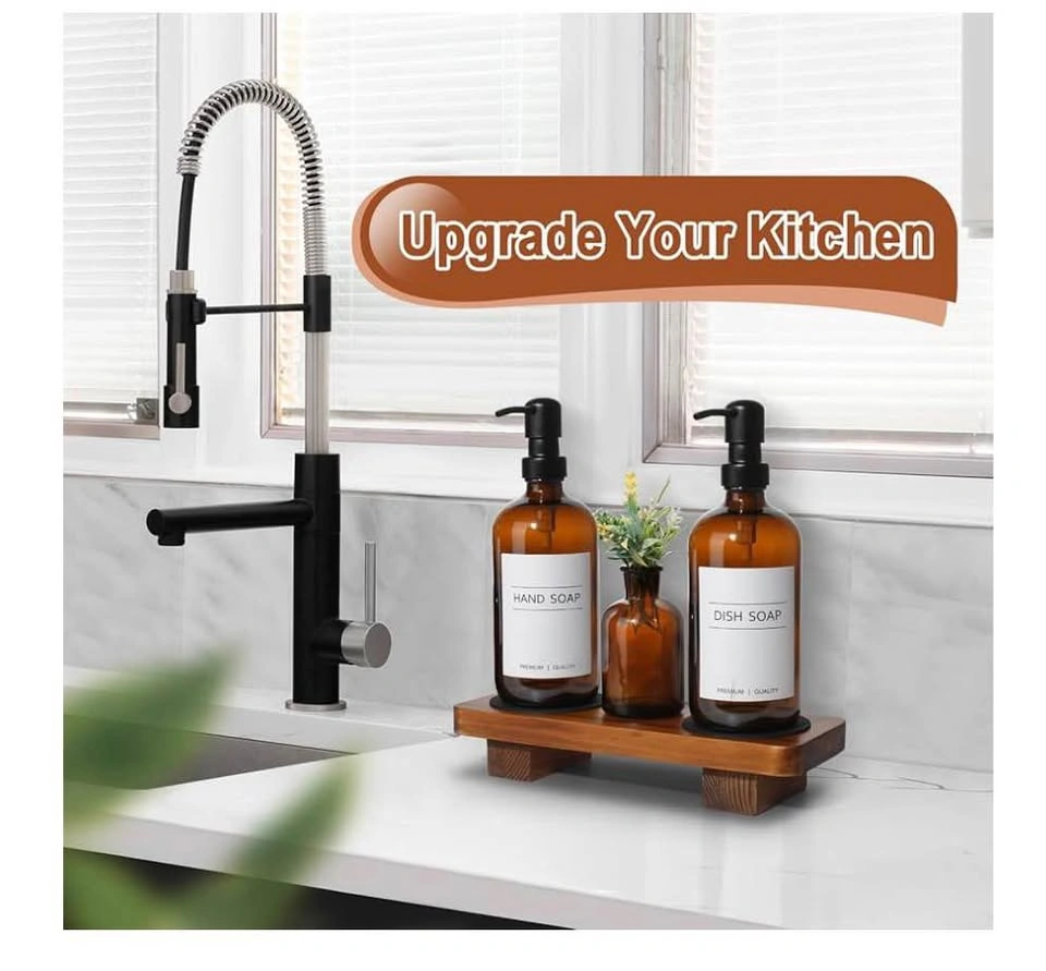 2-Pack Amber Glass Soap Dispenser Set w/ Wood Riser - photo 4