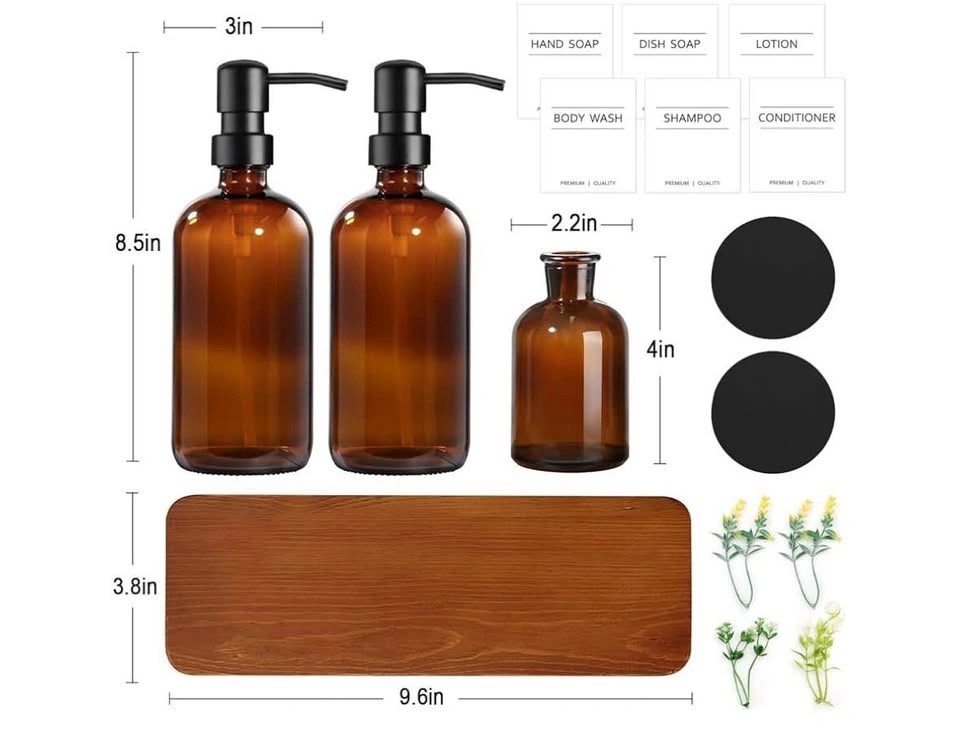 2-Pack Amber Glass Soap Dispenser Set w/ Wood Riser - photo 5