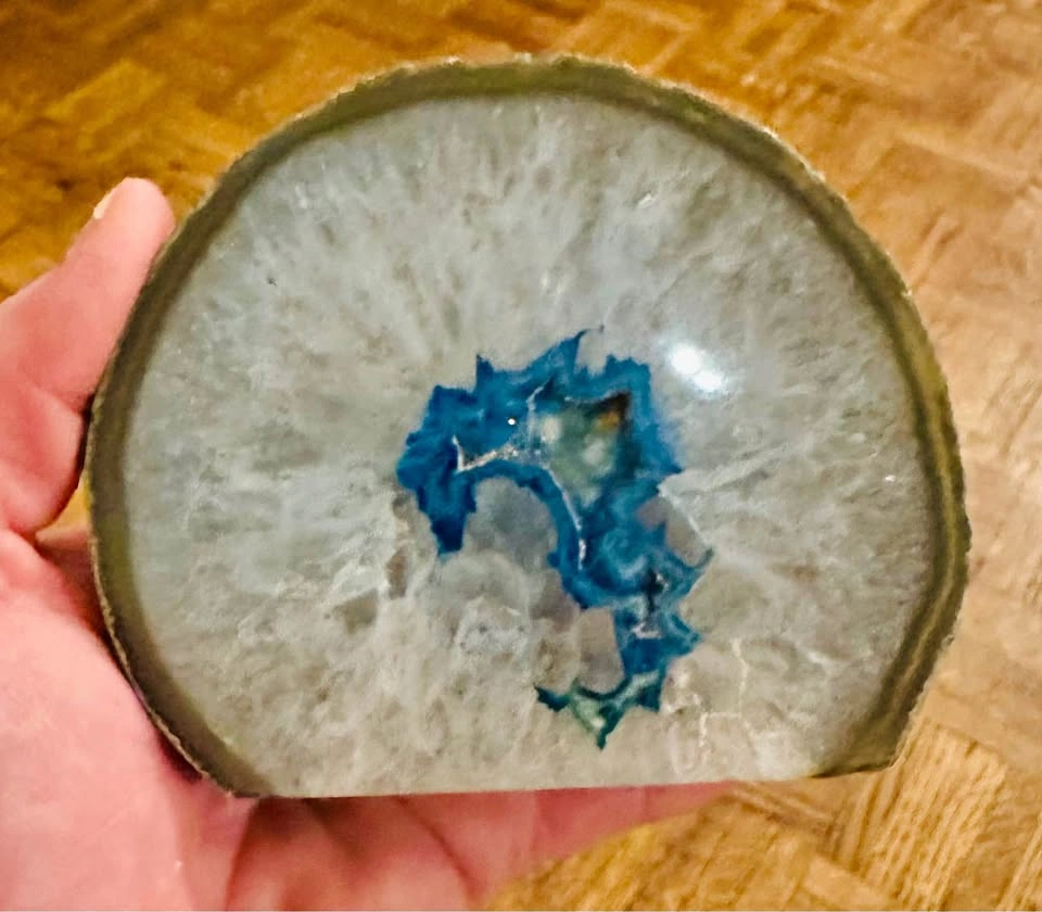 Polished Agate Geode Half/Slice - Gray Chalcedony, Blue Center