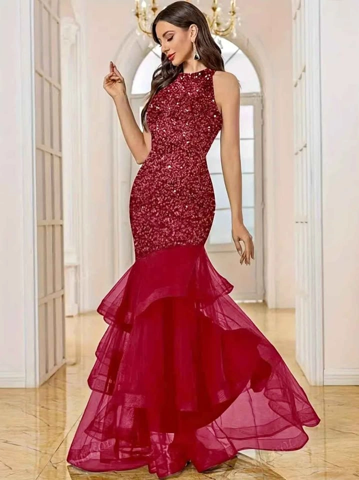 Burgundy Sequin Tiered Mermaid Gown