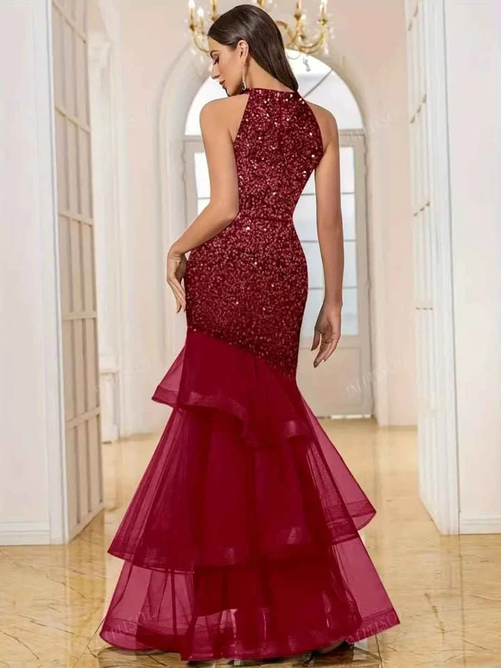 Burgundy Sequin Tiered Mermaid Gown - photo 2