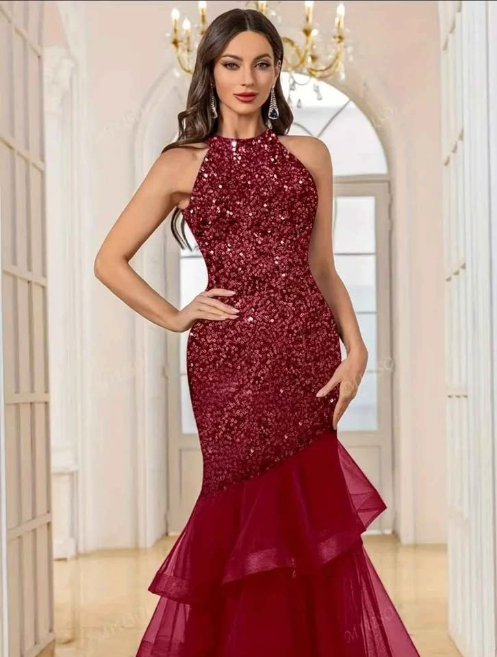 Burgundy Sequin Tiered Mermaid Gown - photo 3