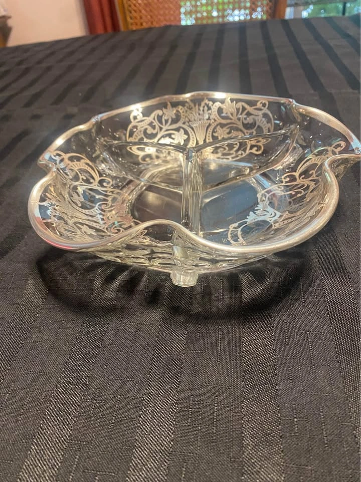 Glass sectional condiment serving dish with silver trim
