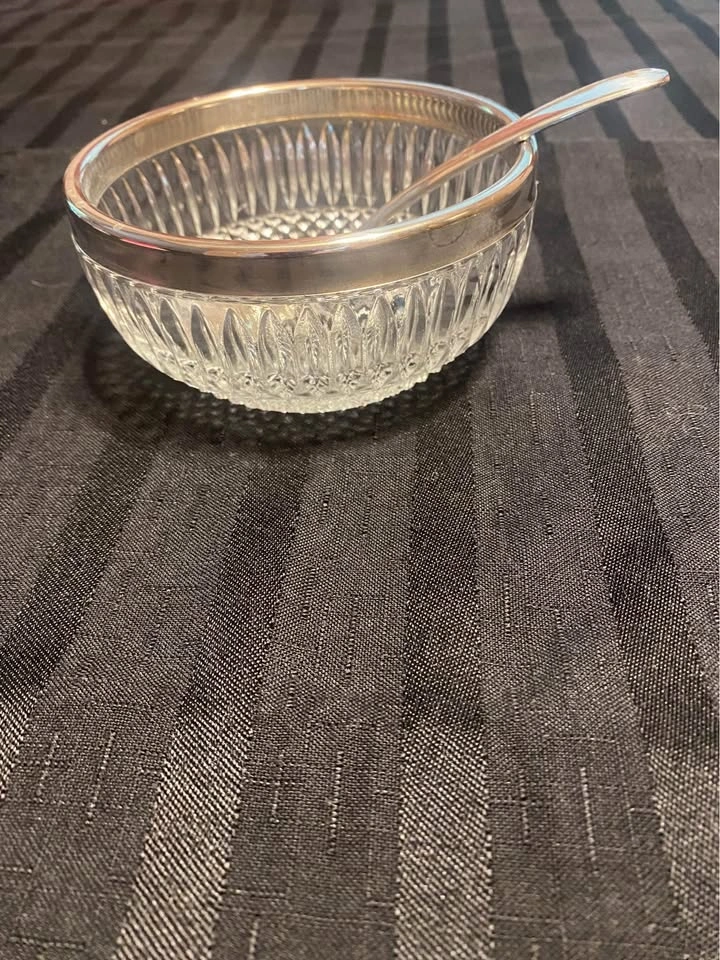 Glass Condiment Serving Bowl with Silver Trim and Spoon