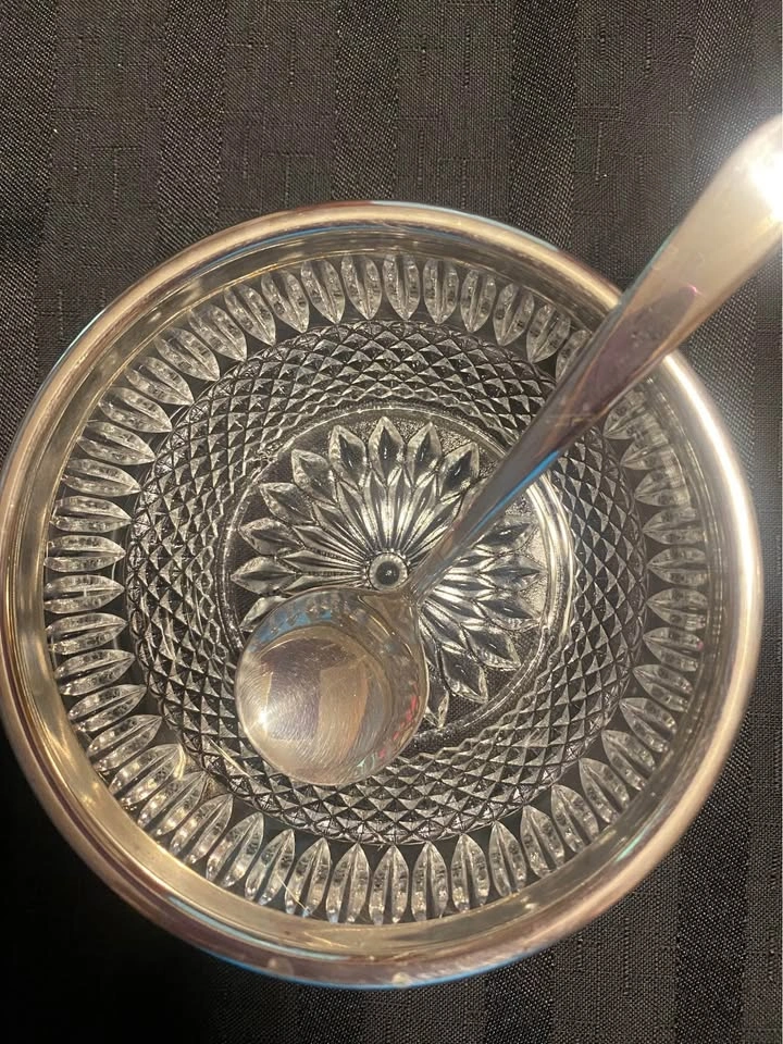 Glass Condiment Serving Bowl with Silver Trim and Spoon - photo 2