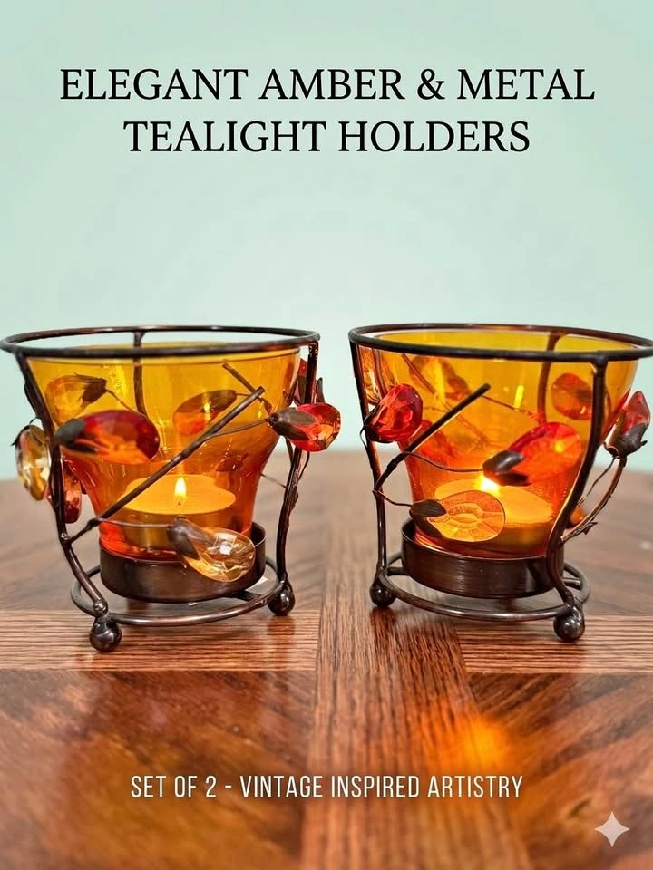 Geometric Glass & Metal Tealight Holders - Set of 2