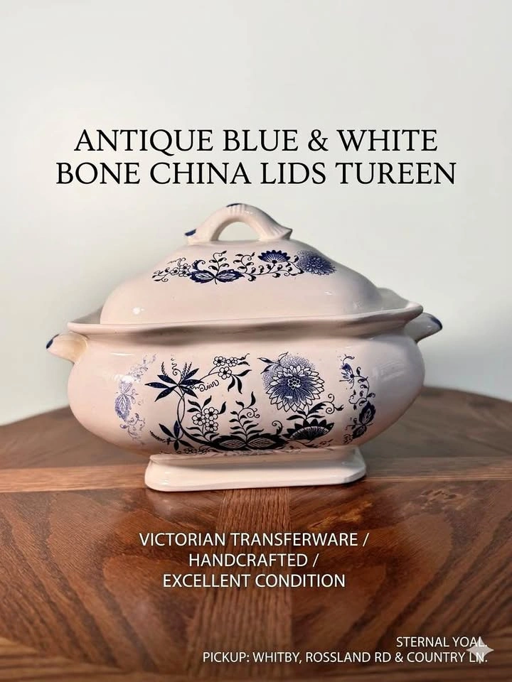 Antique Victorian Blue & White Porcelain Soup Tureen