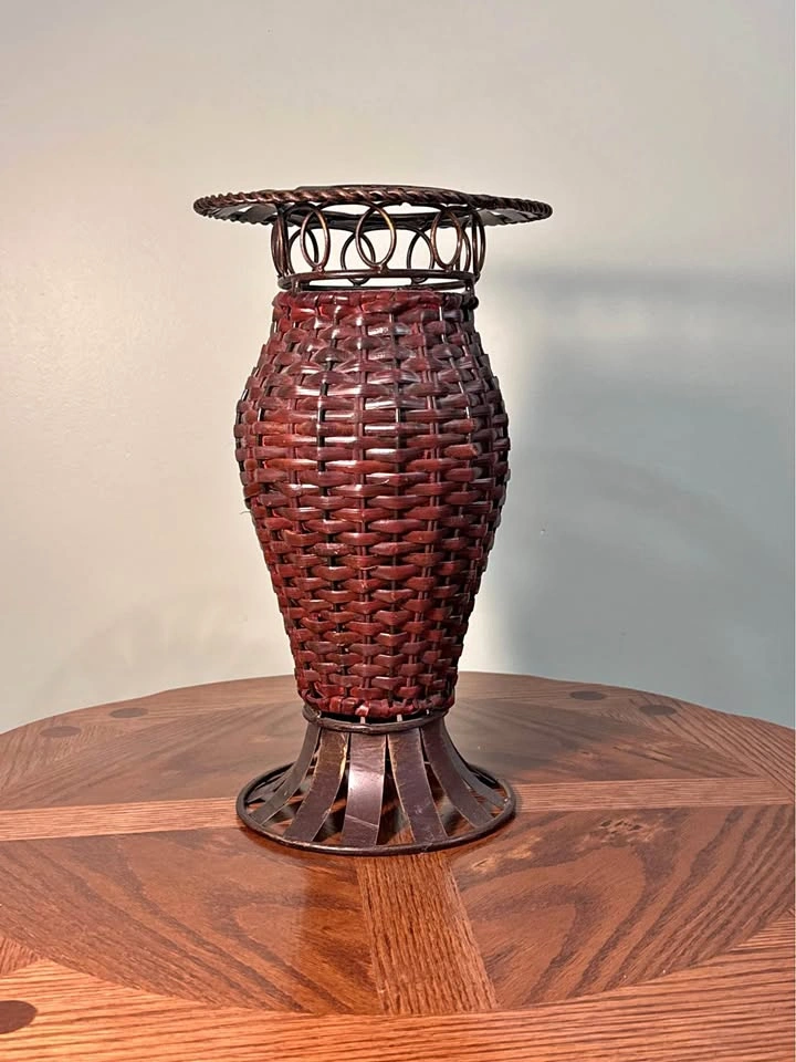 Vintage Boho Woven Bamboo & Metal Floor Vase