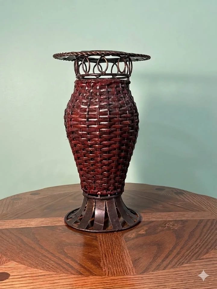Vintage Boho Woven Bamboo & Metal Floor Vase - photo 2