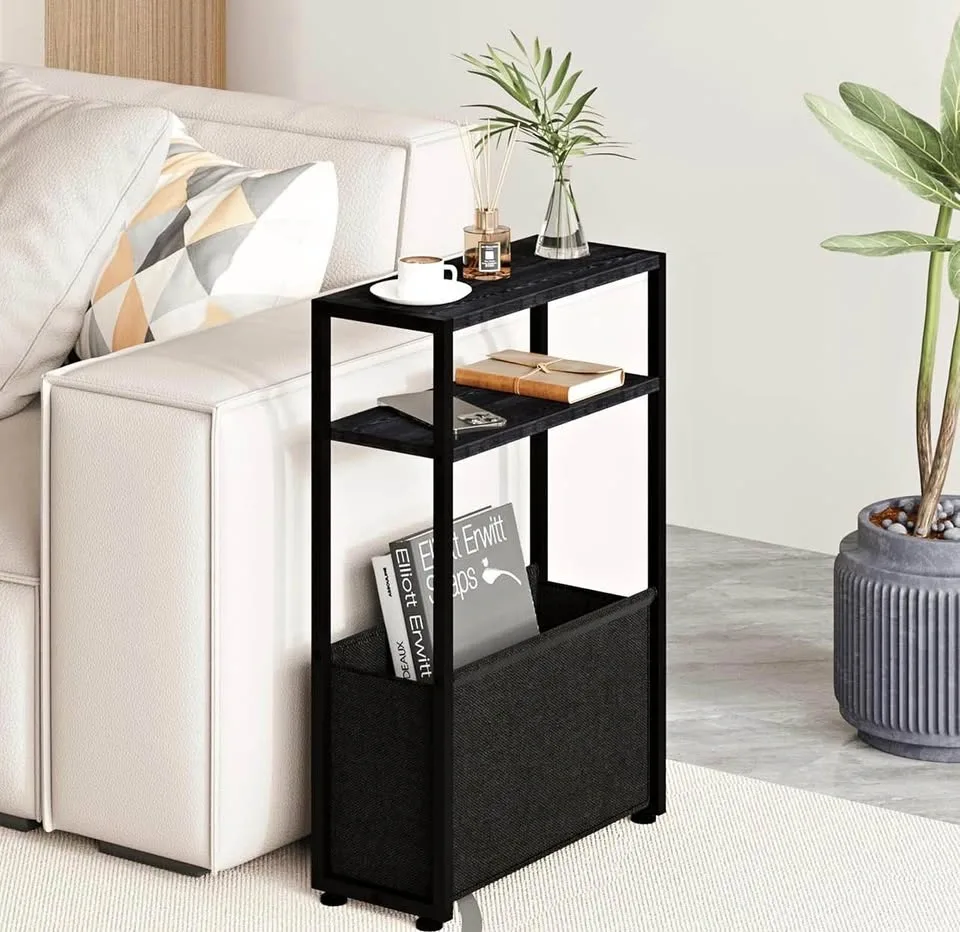 New-Black Slim Side Table with Magazine Rack