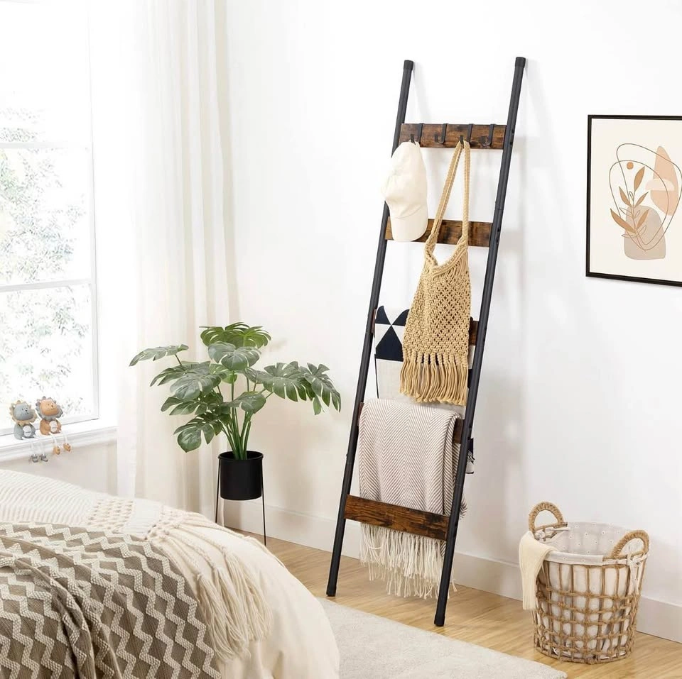HOOBRO Blanket Ladder, 5-Tier Towel Rack, Rustic Brown/Black - photo 2