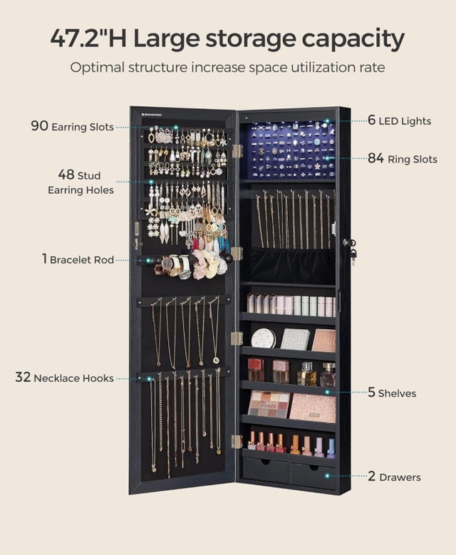 New 6 LEDs Mirror Jewelry Cabinet, 47.2-Inch Tall - photo 4
