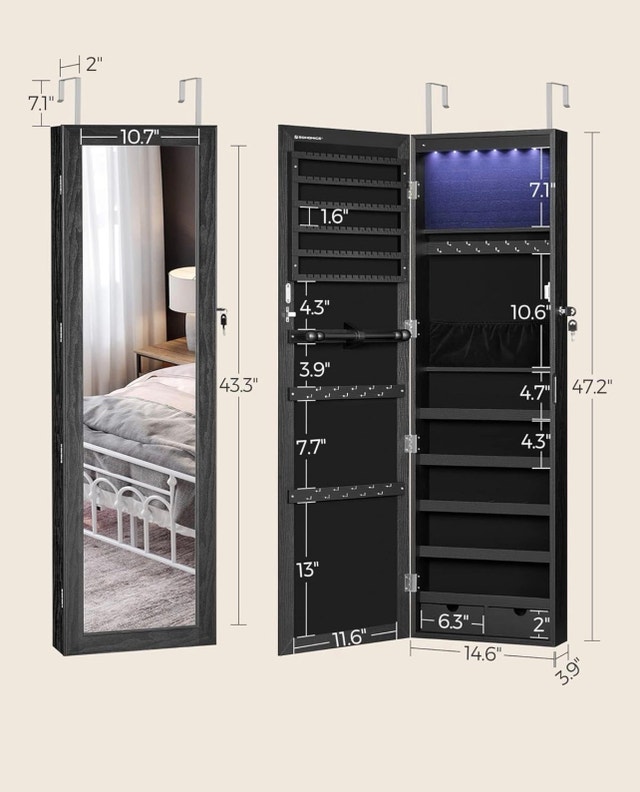 New 6 LEDs Mirror Jewelry Cabinet, 47.2-Inch Tall - photo 5