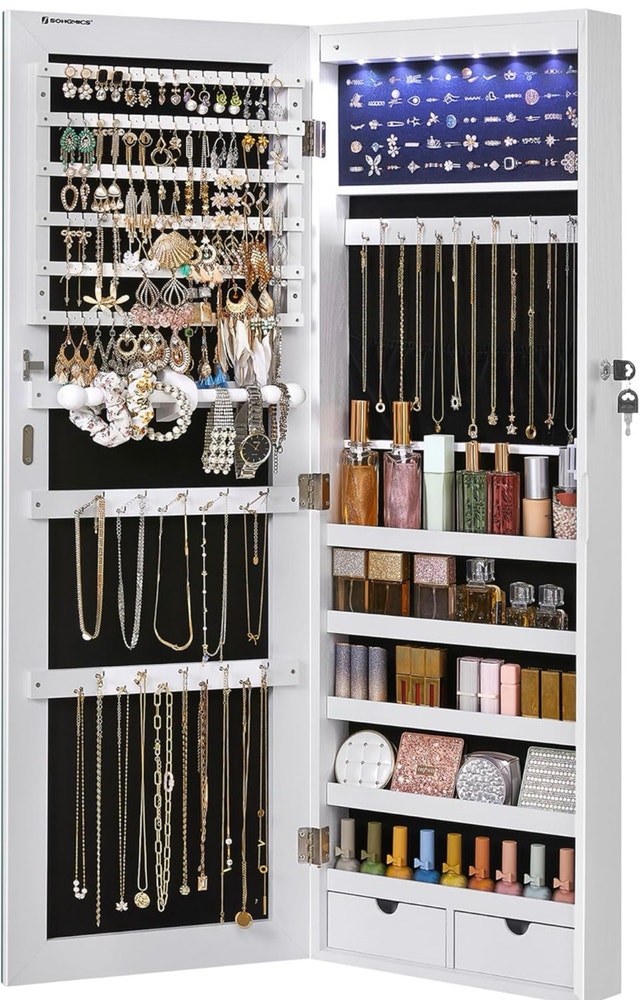 Wall-Mounted Jewelry Cabinet with Mirror & LED Lights