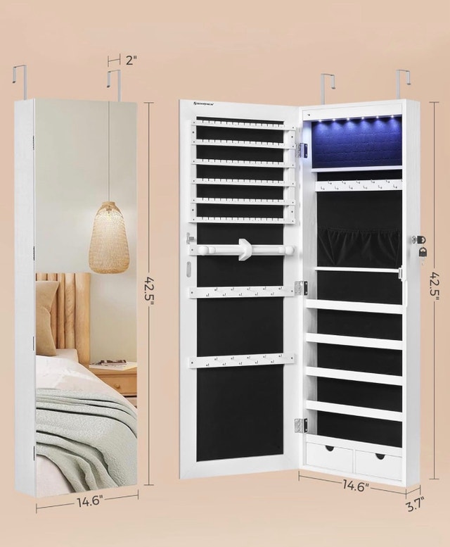 Wall-Mounted Jewelry Cabinet with Mirror & LED Lights - photo 4