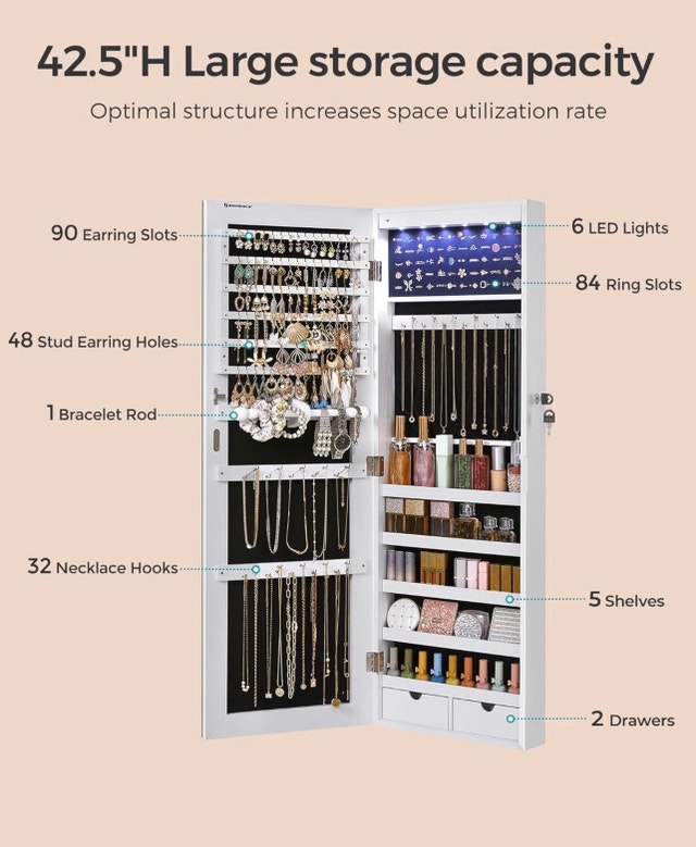 Wall-Mounted Jewelry Cabinet with Mirror & LED Lights - photo 5