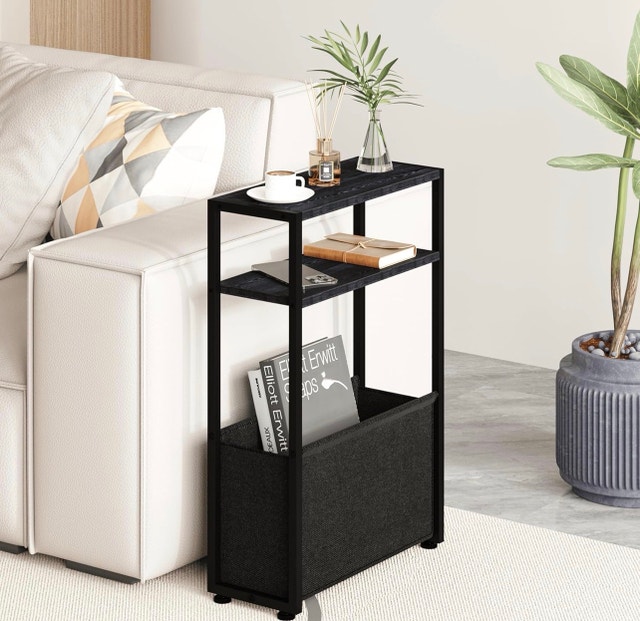 New-Black Slim Side Table with Magazine Rack, Bedside Table