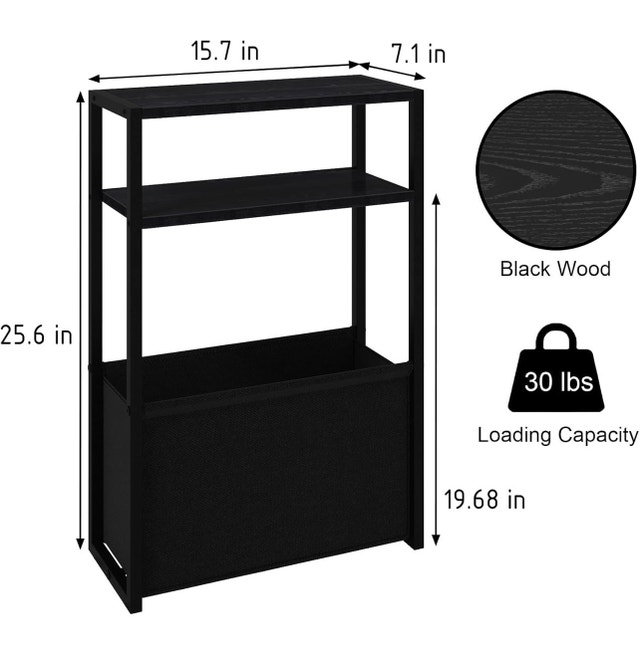 New-Black Slim Side Table with Magazine Rack, Bedside Table - photo 2