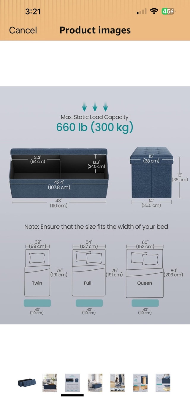 110cm Folding Storage Ottoman Bench - Blue - photo 3