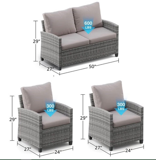 WINSTON PORTER Patio Love Seat & 2 Chairs - Grey Cushions