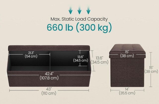110cm Folding Storage Ottoman Bench - Brown (300kg Load) - photo 2