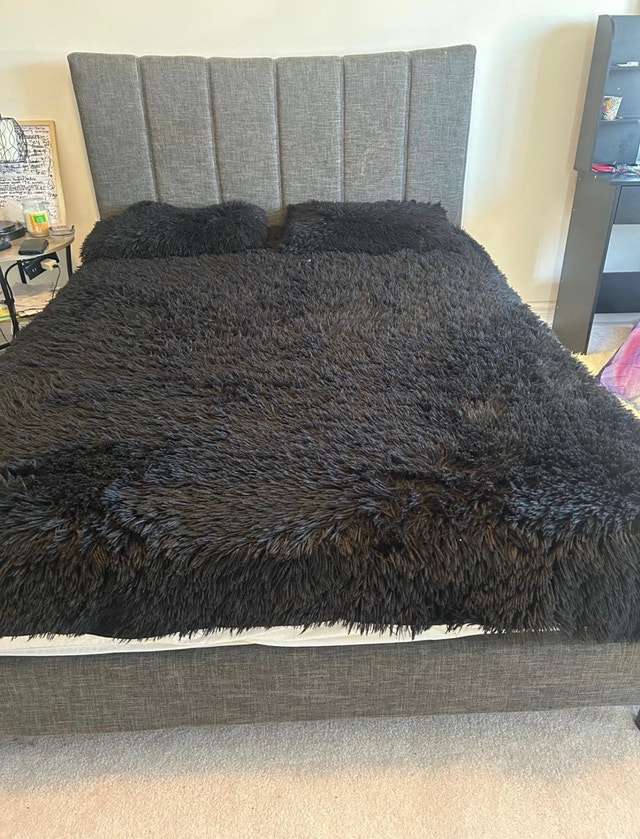 Queen Bed with Grey Upholstered Headboard