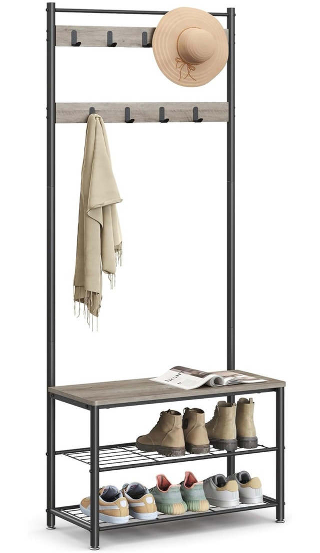 Entryway Coat Rack with Shoe Bench & Hall Tree (Grey/Black)