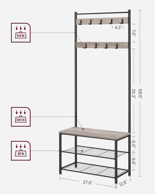 Entryway Coat Rack with Shoe Bench & Hall Tree (Grey/Black) - photo 2