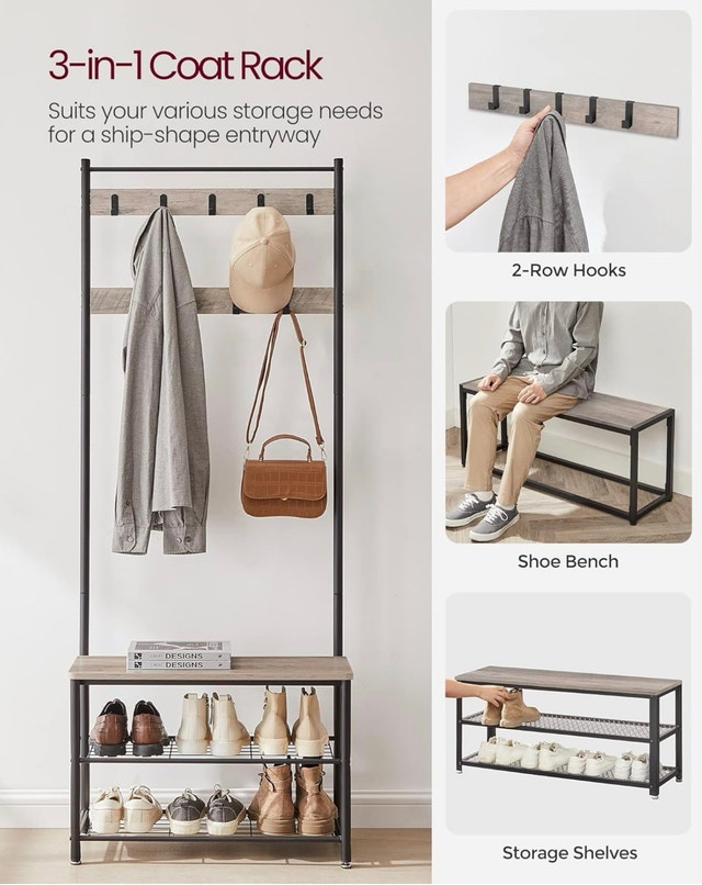 Entryway Coat Rack with Shoe Bench & Hall Tree (Grey/Black) - photo 3