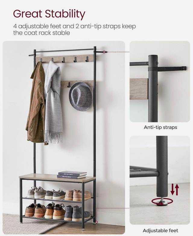 Entryway Coat Rack with Shoe Bench & Hall Tree (Grey/Black) - photo 4