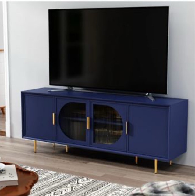 New TASHIA 66" Media Console - Blue Glass & Gold Legs