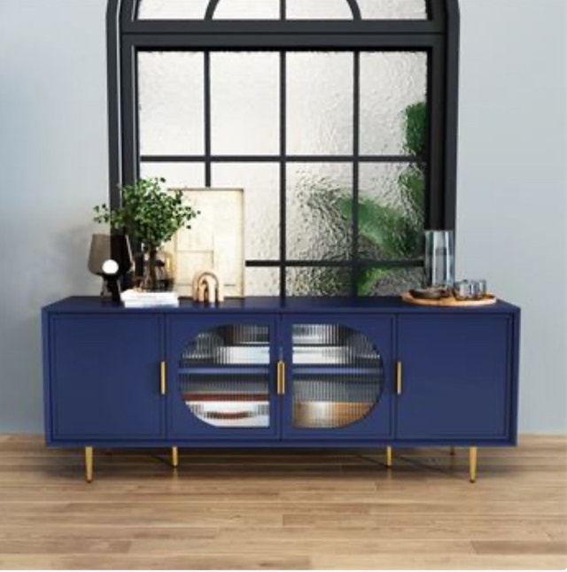 New TASHIA 66" Media Console - Blue Glass & Gold Legs - photo 2