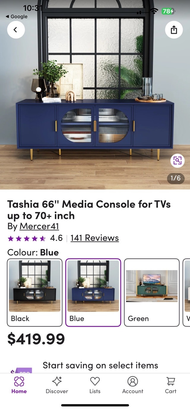 New TASHIA 66" Media Console - Blue Glass & Gold Legs - photo 4